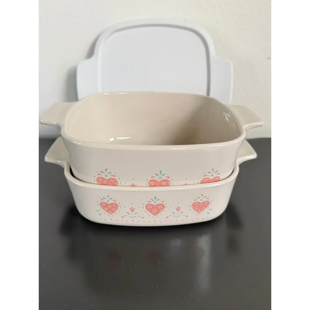 Vintage CorningWare casserole baking dishes Forever Yours pattern pink heart lid